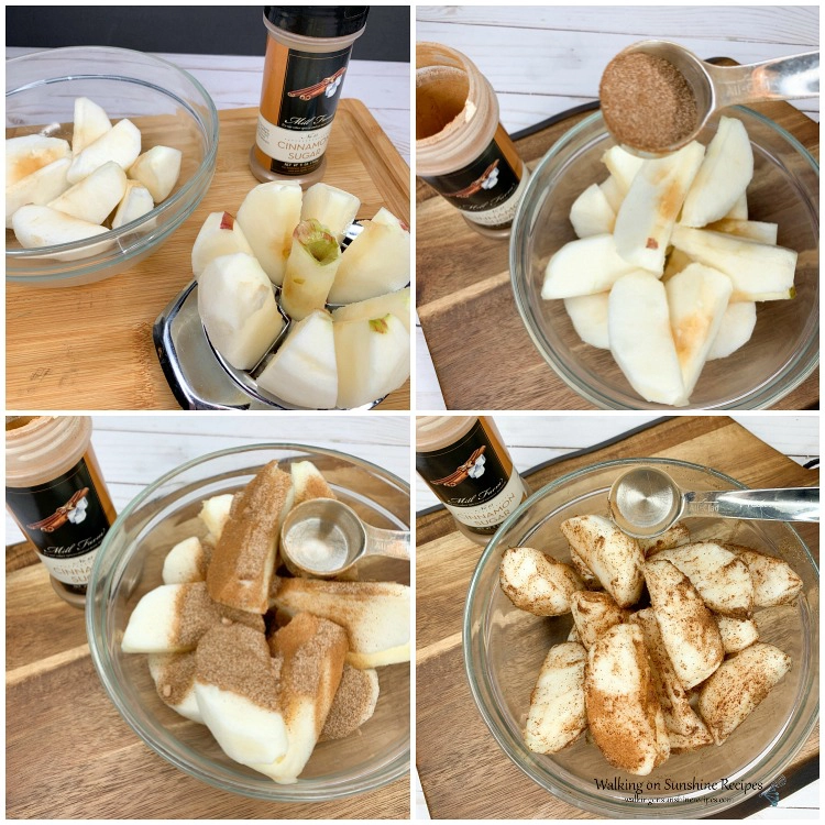 Sliced apples in bowl with cinnamon and sugar mixture for Apple Dumplings
