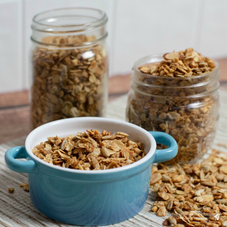 Recipe for Homemade Granola is filled with almonds, brown sugar and peanut butter! There's no going back to the store version once you've tasted this from Walking on Sunshine Recipes. Homemade Granola with Peanut Butter from WOS