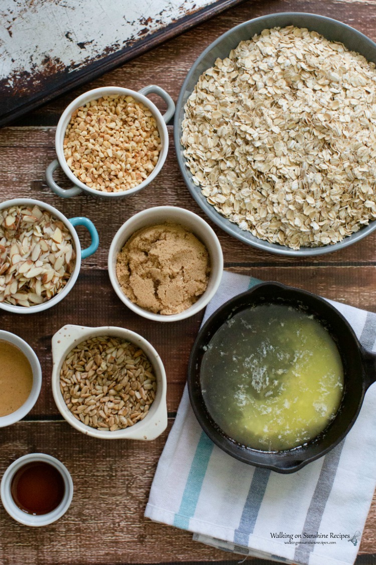 Recipe for Homemade Granola is filled with almonds, brown sugar and peanut butter! There's no going back to the store version once you've tasted this from Walking on Sunshine Recipes. Ingredients for Homemade Granola with Peanut Butter