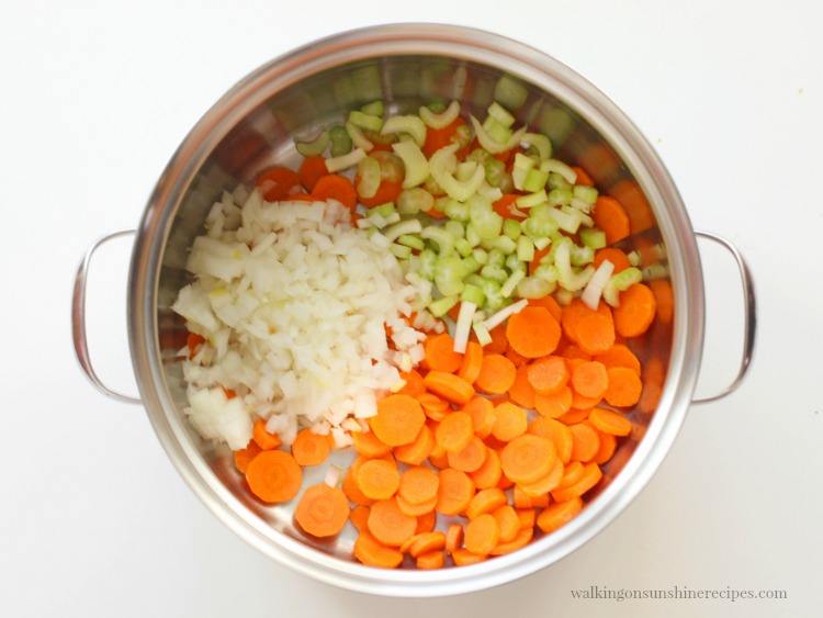 Onions, Carrots and Celery in stock pot for Homemade Chicken Soup Recipe