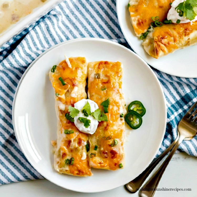 Creamy Chicken Enchiladas on white plate with sour cream and chopped jalapenos 