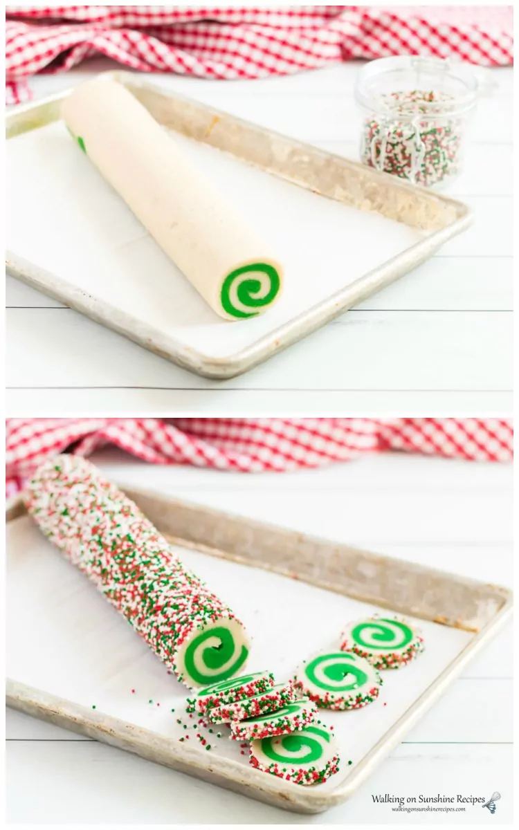Roll the spiral cookie log into colored sprinkles and then slice.