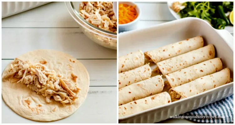 Spread chicken and cheese in flour tortillas from Walking on Sunshine Recipes. 