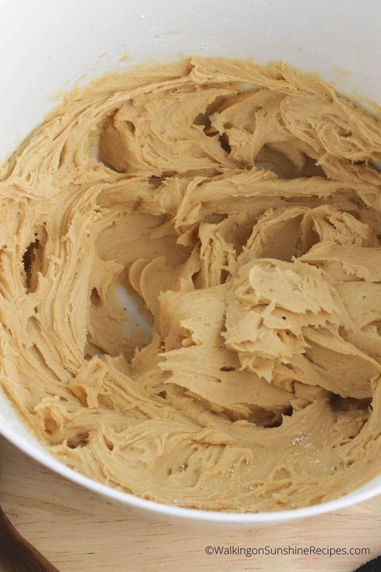Homemade peanut butter frosting in bowl. 