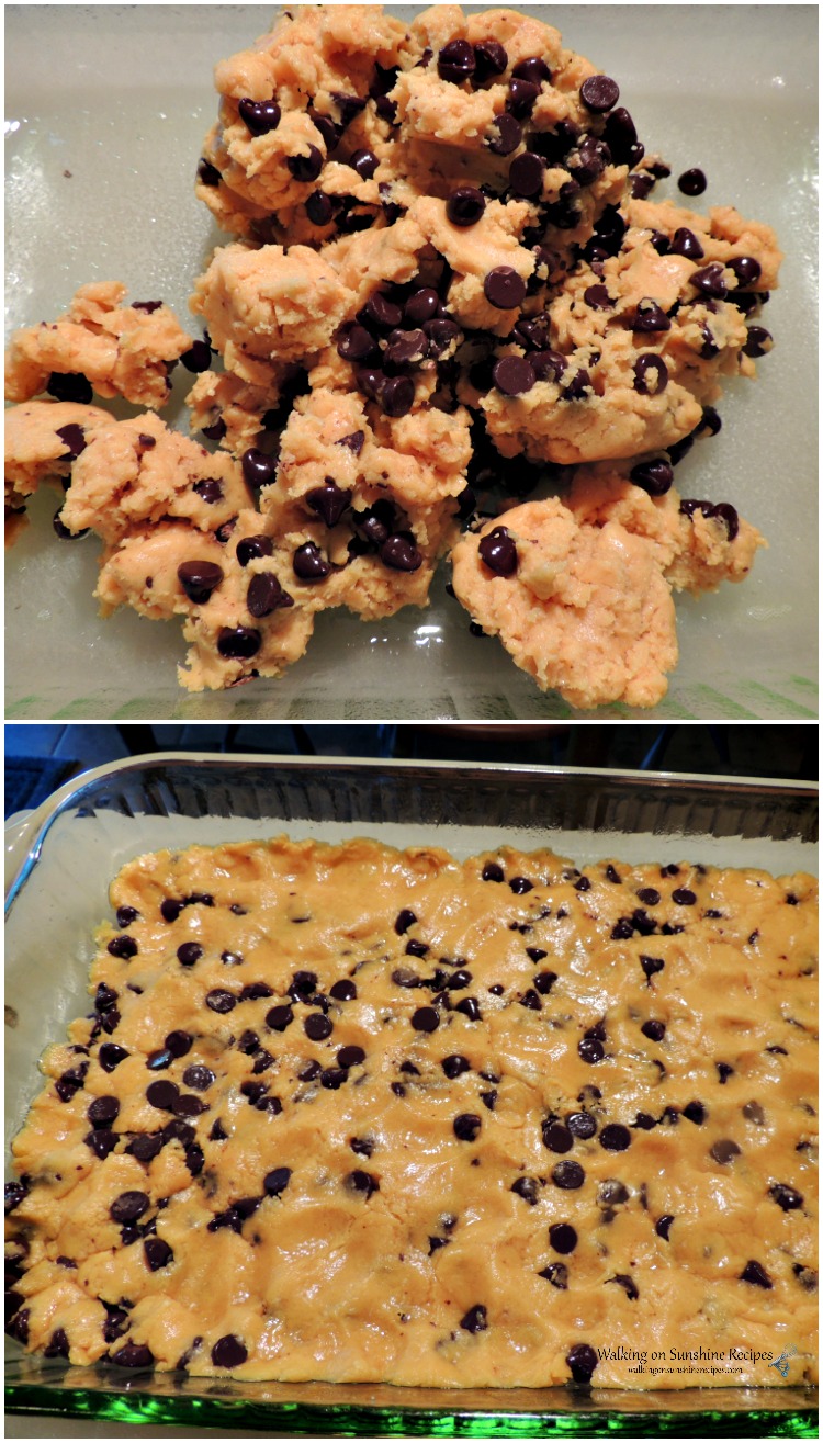 Add-dough-for-Peanut-Butter-Chocolate-chip-Bars-to-baking-pan
