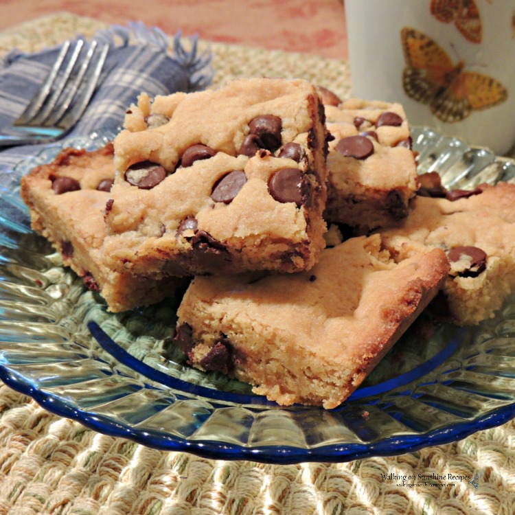 Peanut Butter Chocolate Chip Cookie Bars on plate. 
