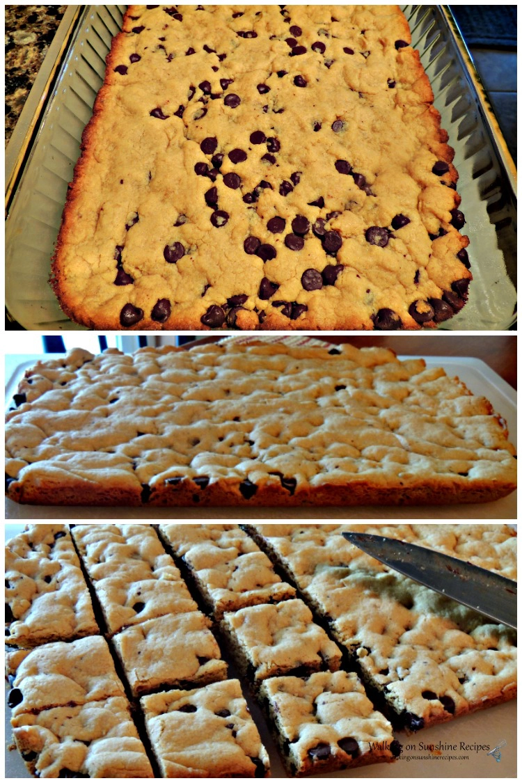 Peanut Butter Chocolate Chip Bars baked and ready to slice. 