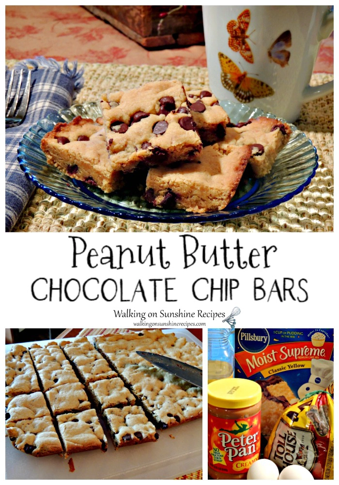 Peanut Butter Chocolate Chip Bars with Yellow Cake Mix. 