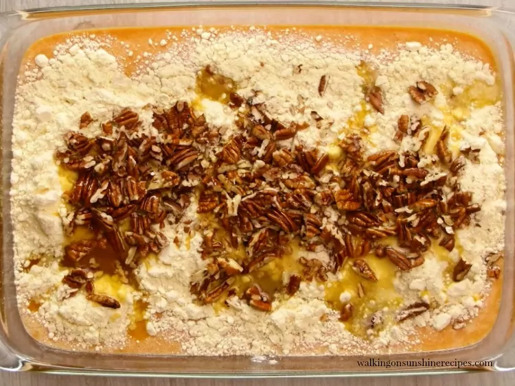 Pumpkin Crunch Cake in baking pan before baking from Walking on Sunshine Recipes