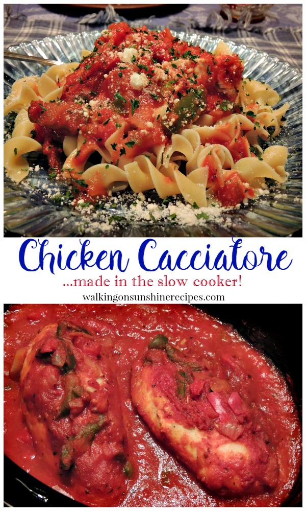 Chicken Cacciatore recipe that cooks in your slow cooker. An easy and delicious recipe that's for dinner tonight in our house from Walking on Sunshine!