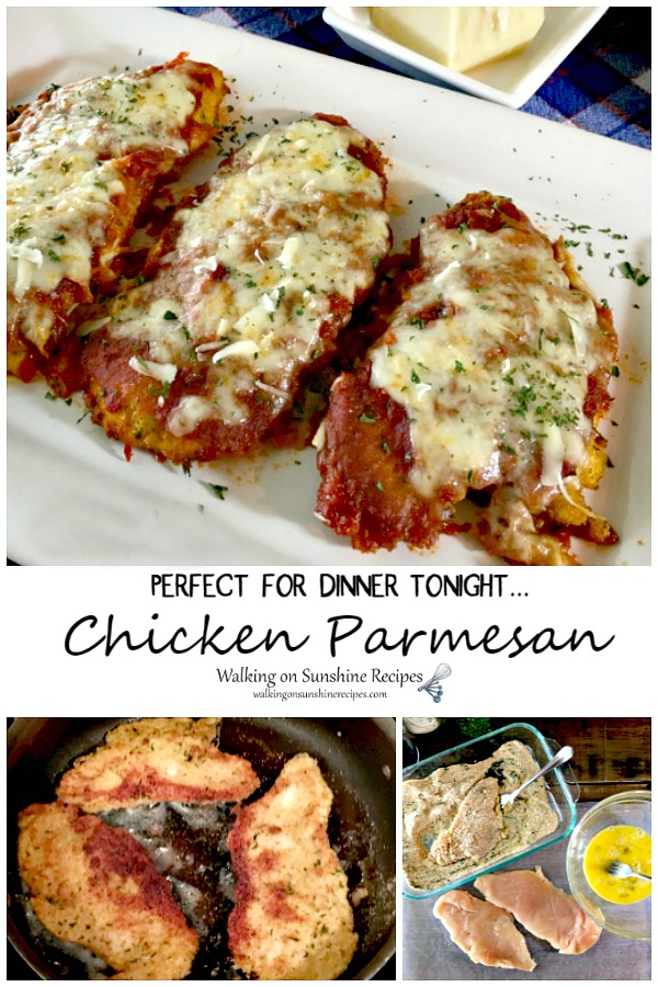 Chicken Parmesan made with thin chicken cutlets that are breaded, fried and then smothered in homemade marinara sauce and topped with mozzarella cheese from Walking on Sunshine Recipes. Chicken Parmesan perfect for Dinner Tonight from WOS