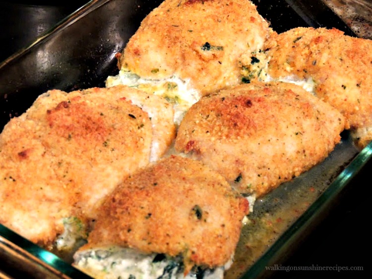 Cooked breaded chicken cutlets stuffed with ricotta cheese and spinach