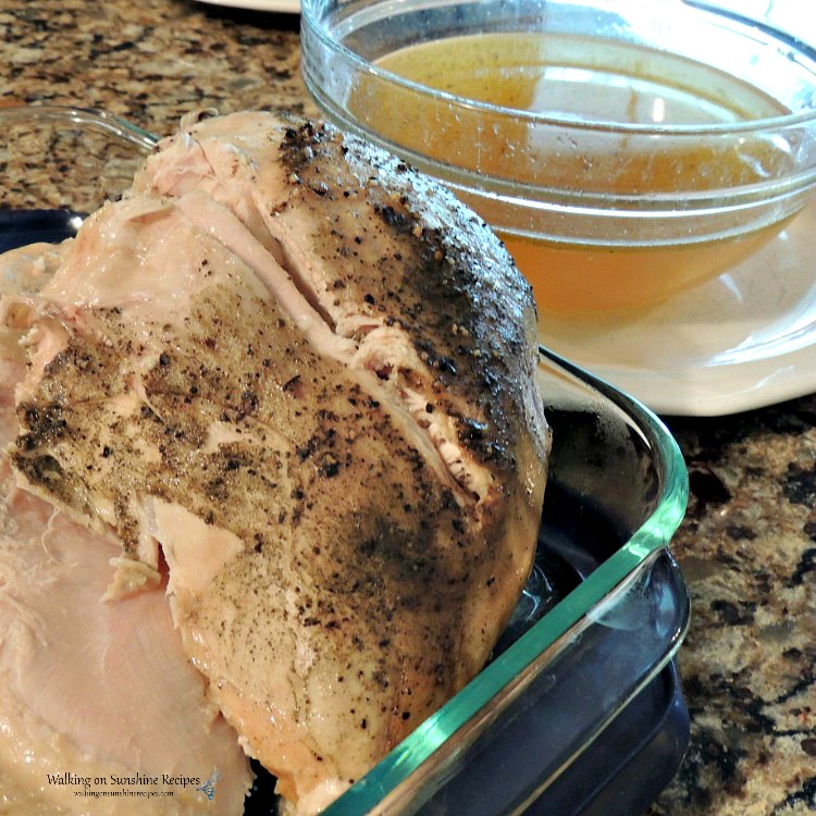 Crock Pot Turkey Breast - how to make a delicious tender turkey breast for dinner or to serve on Thanksgiving Day. Homemade gravy instructions included from Walking on Sunshine Recipes. Turkey breast in glass baking dish with bowl of chicken broth.