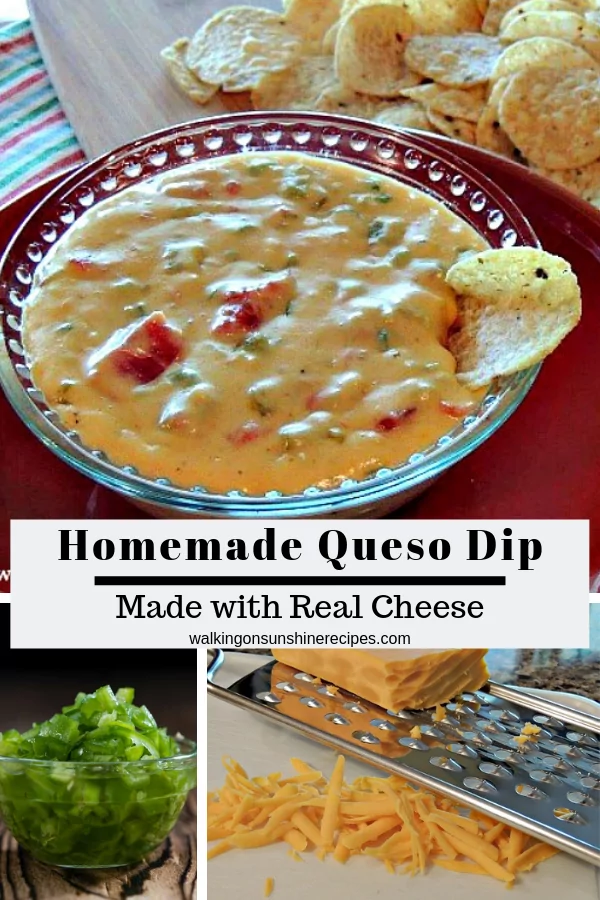 A delicious and easy recipe for Homemade Queso Dip with grated cheese and diced peppers. 