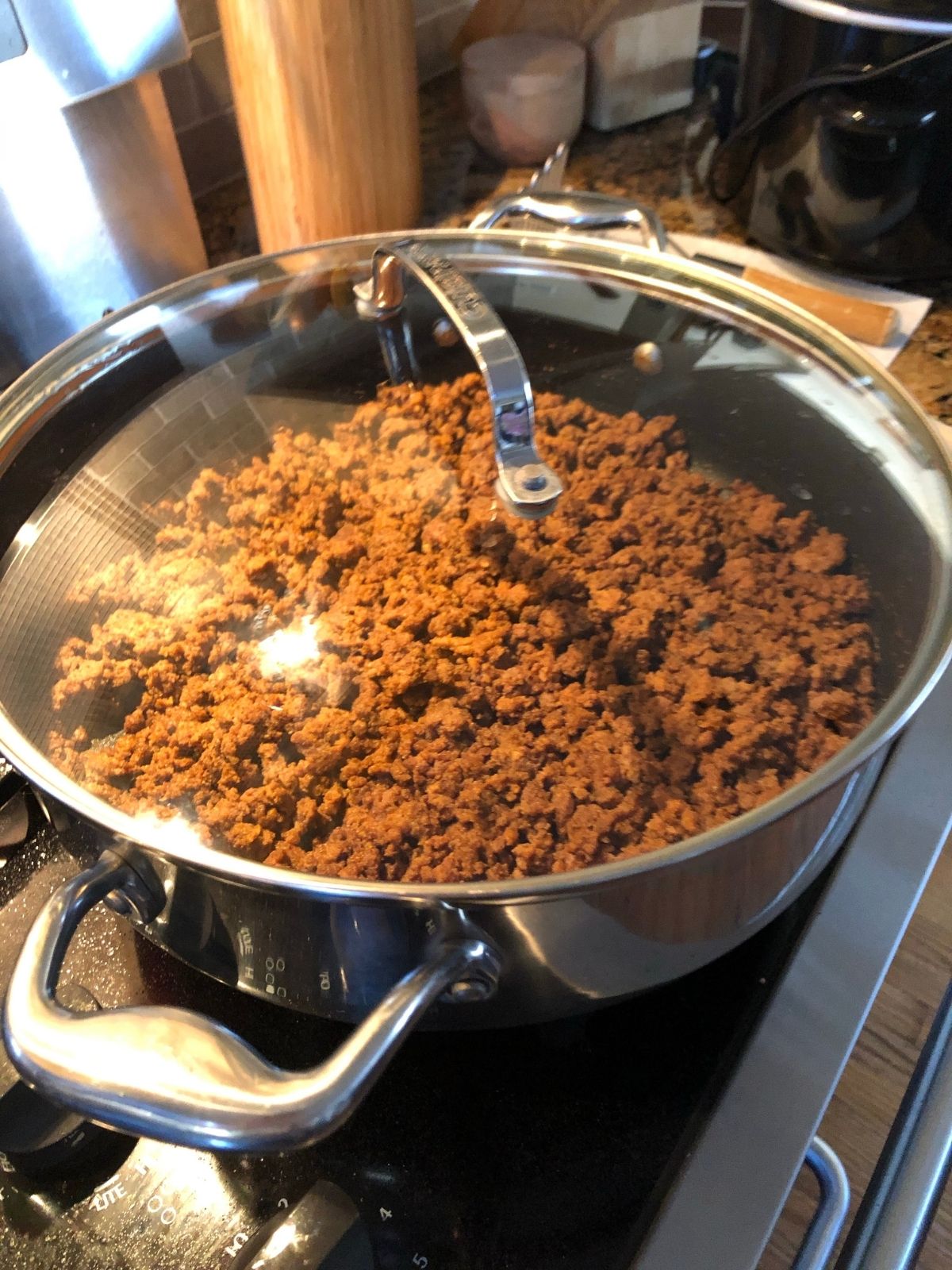 Taco meat in skillet.