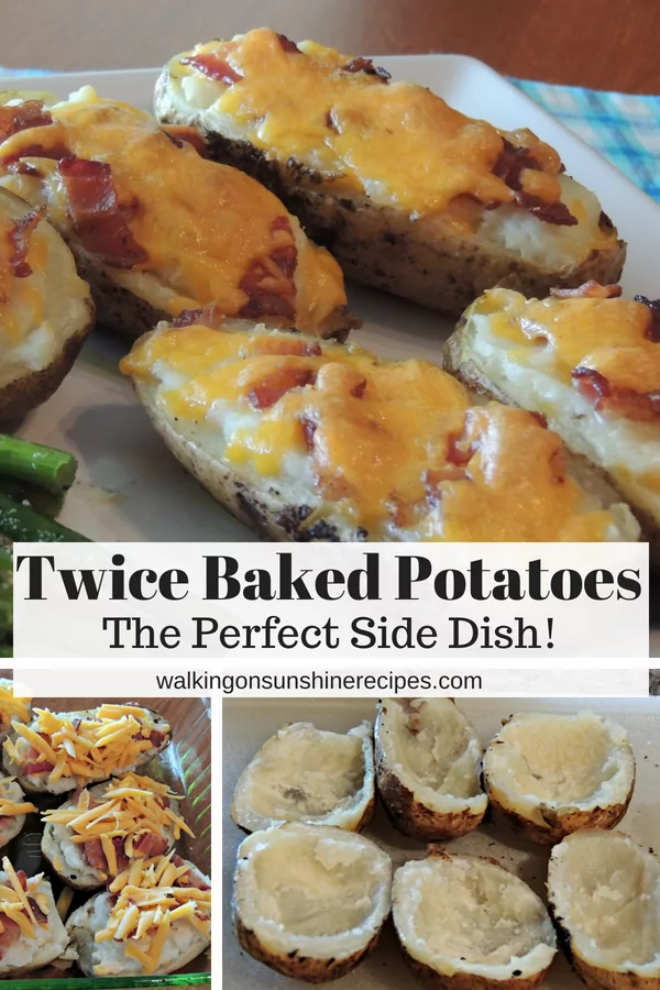 Twice baked potatoes with cheese, bacon in baking tray and on platter. 