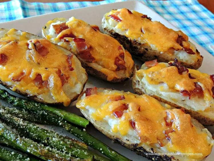 Twice Baked Stuffed Potatoes are stuffed with cheese, sour cream and bacon.