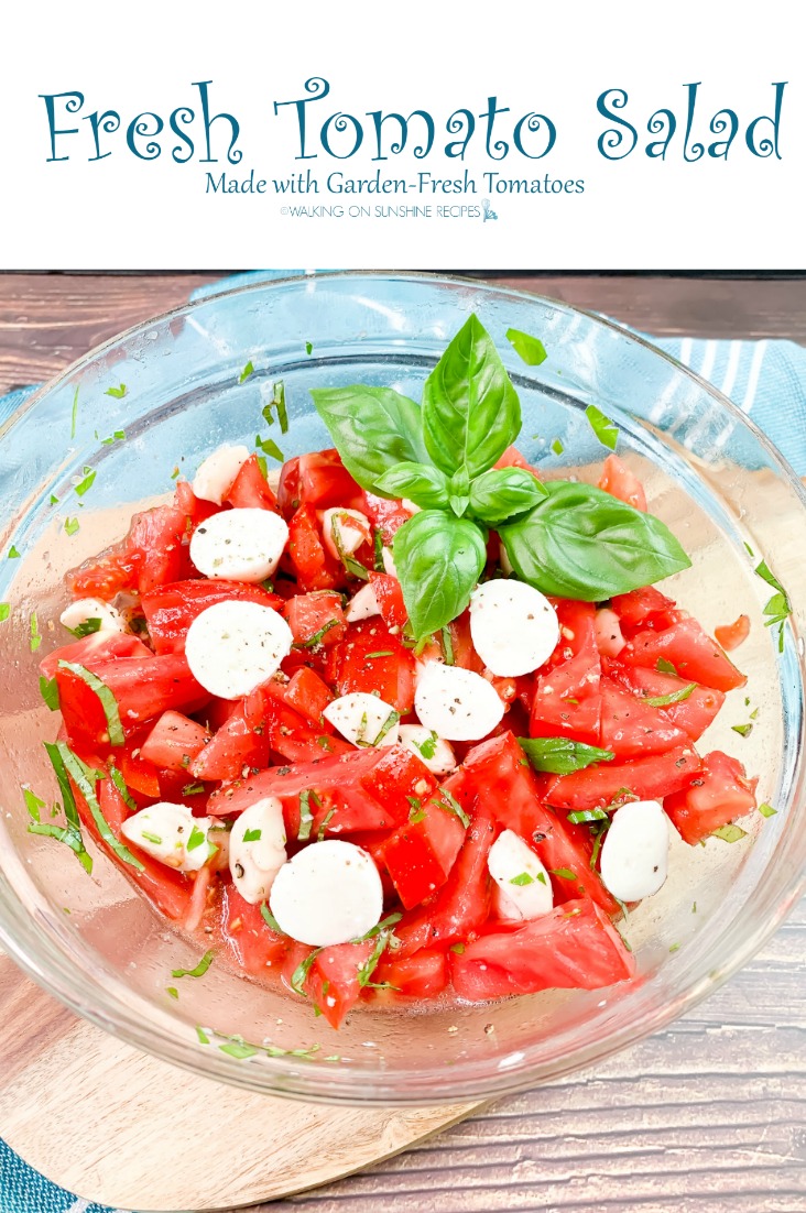 Fresh tomato salad with fresh basil leaves in glass bowl. 