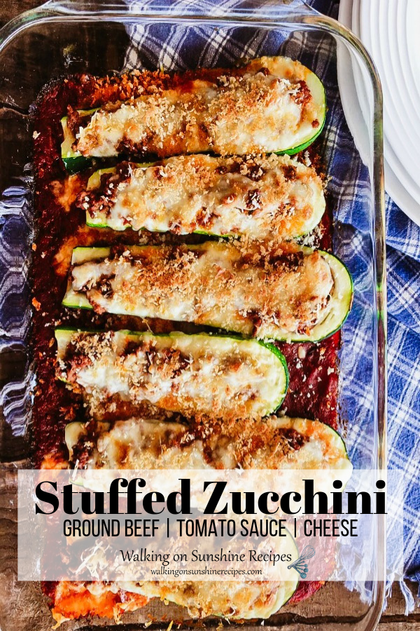Baked Stuffed Zucchini in baking dish ready to serve. 