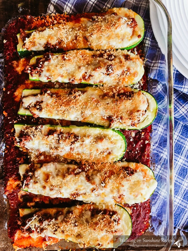 Stuffed Zucchini with Beef and Cheese baked and topped with Panko breadcrumbs.