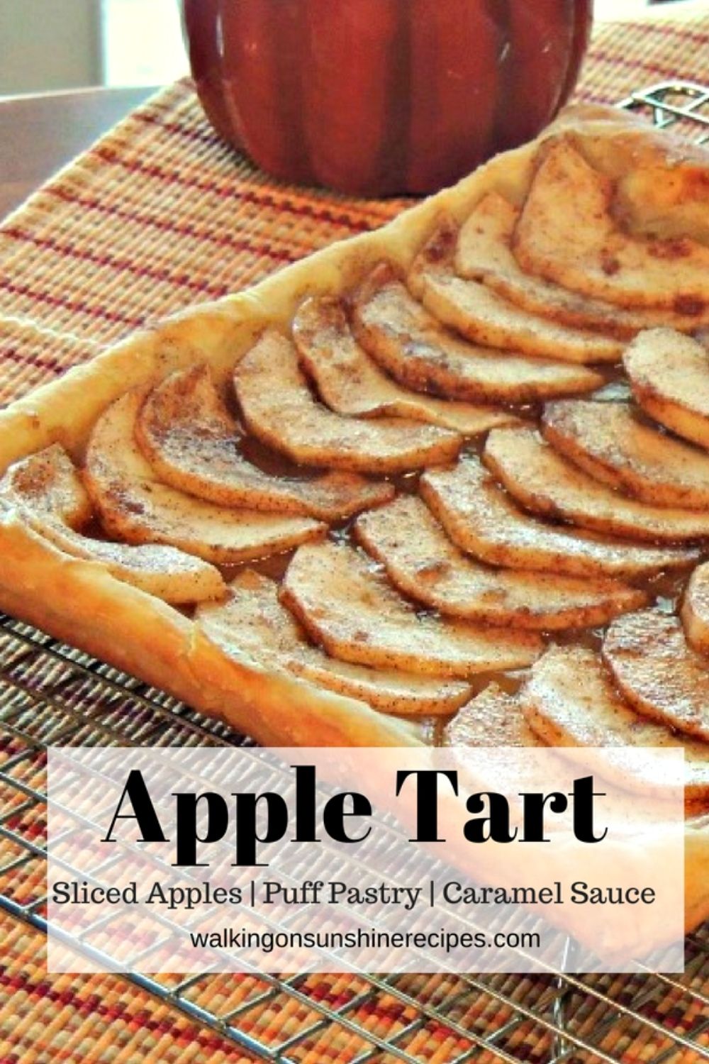 sliced apples, puff pastry, caramel sauce. 