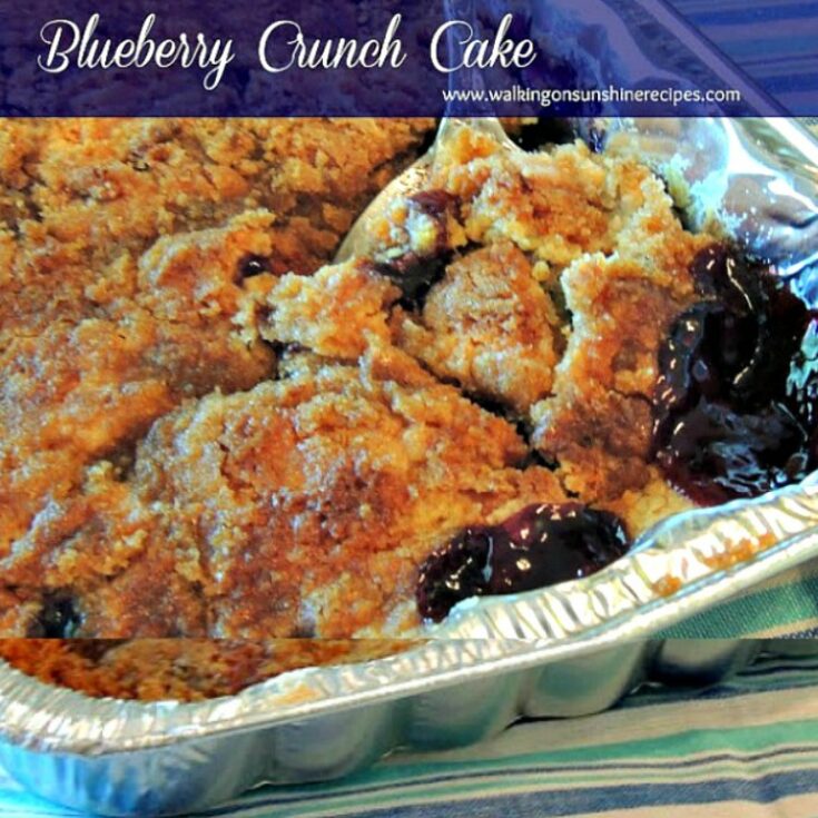 Easy Blueberry Crunch Cake recipe in aluminum pan baked.