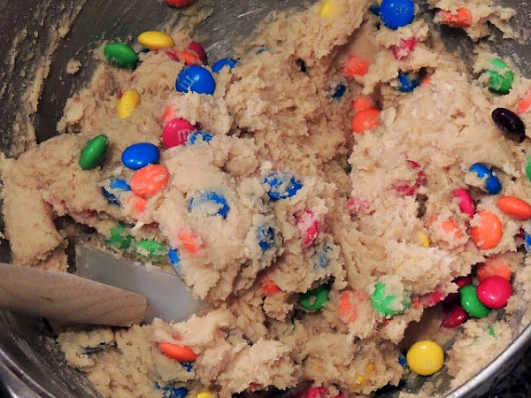 M&M Cookies in mixing bowl from Walking on Sunshine Recipes