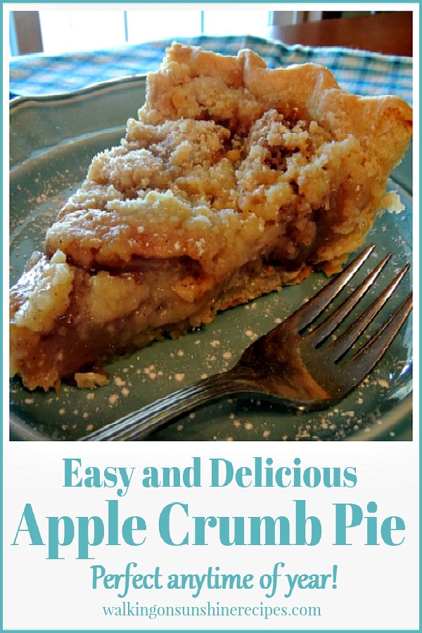 Apple Crumb Pie on blue plate with fork.
