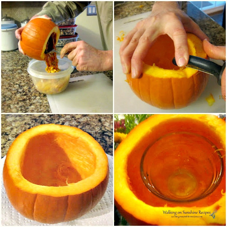 Carving and scooping seeds out of pumpkin to use as a Thanksgiving centerpiece. 