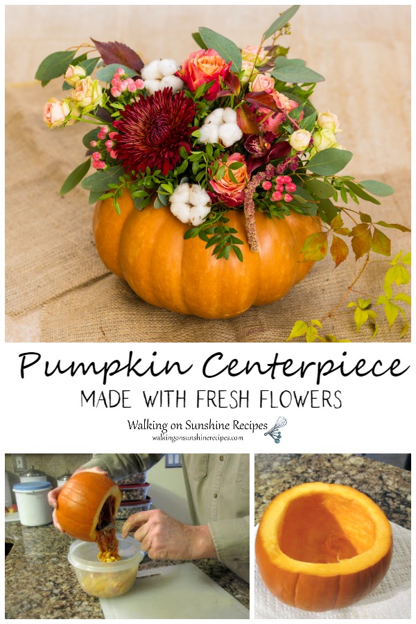 Pumpkin Thanksgiving Centerpiece with fall flowers and greenery. 