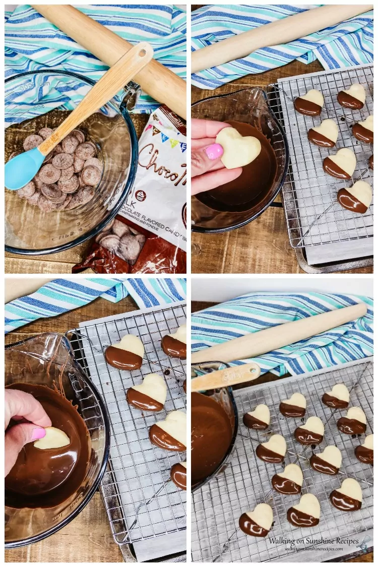 heart shaped shortbread cookies being dipped in melted chocolate. 