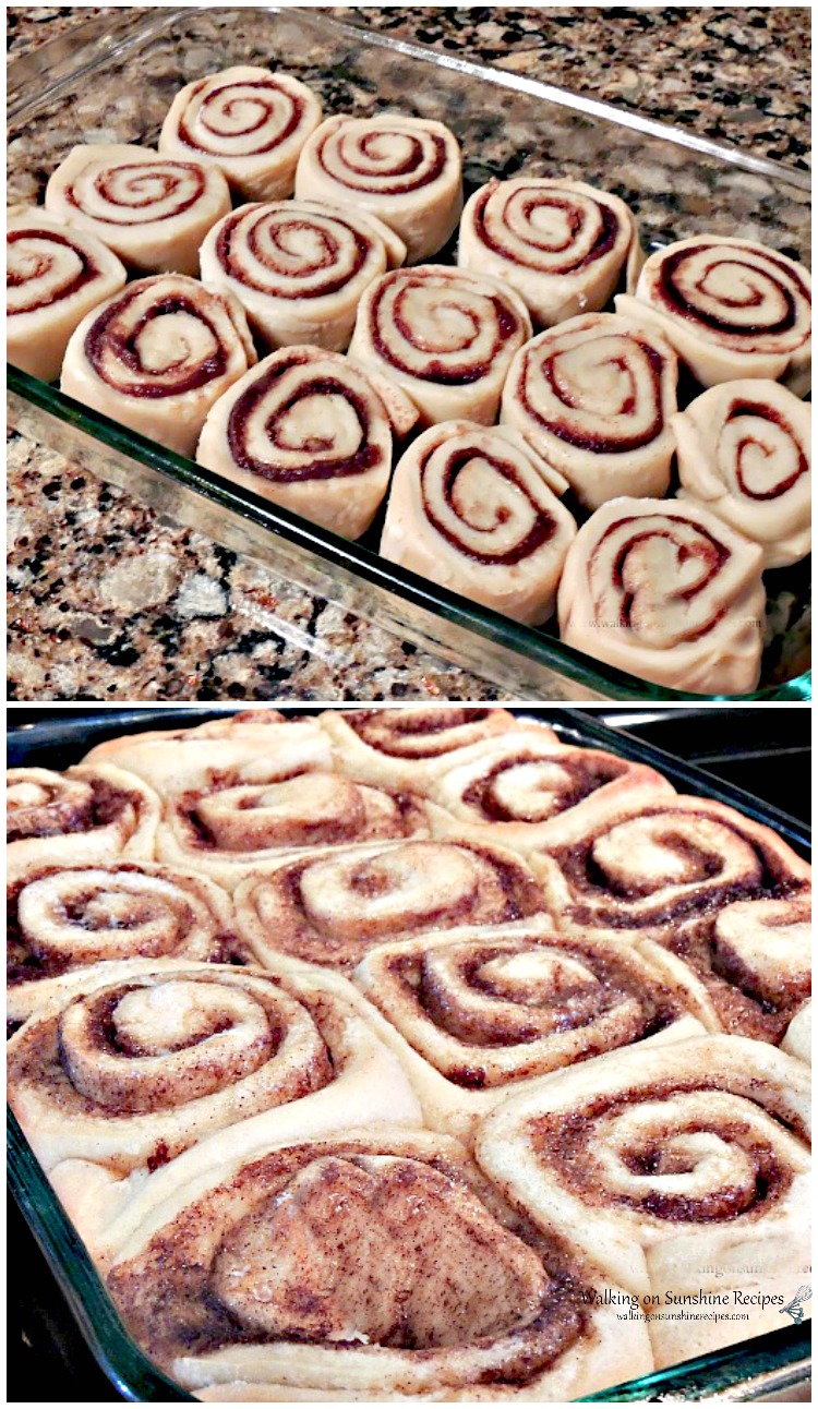 Overnight Cinnamon Rolls before and after baking