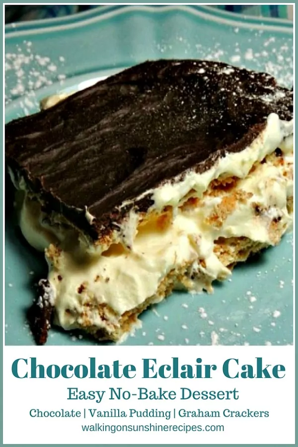 Chocolate Eclair Pudding Cake Easy No Bake Dessert on blue plate.