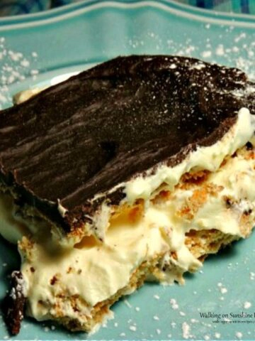 chocolate eclair pudding pie on blue plate