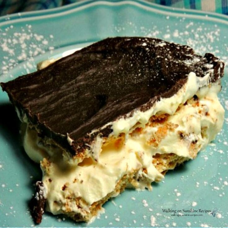 chocolate eclair pudding pie on blue plate