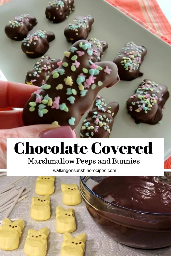 Chocolate Covered Peeps on white platter with melted chocolate in bowl. 