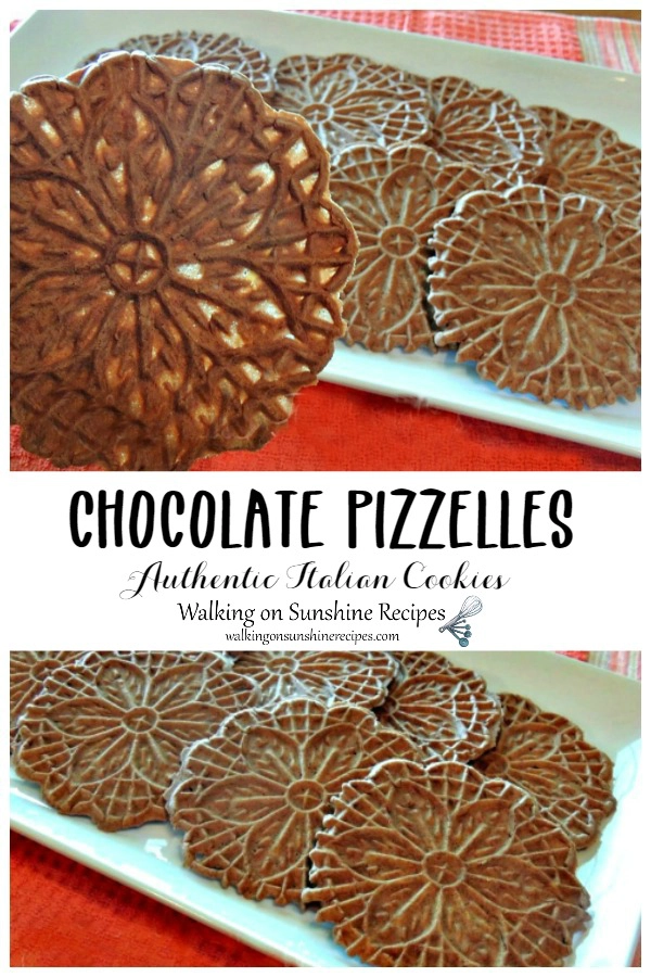 Chocolate pizzelles closeup and on white tray. 
