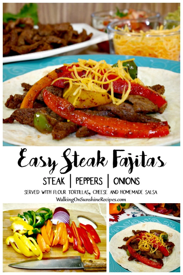 Steak fajitas served with peppers, onions, flour tortillas. 