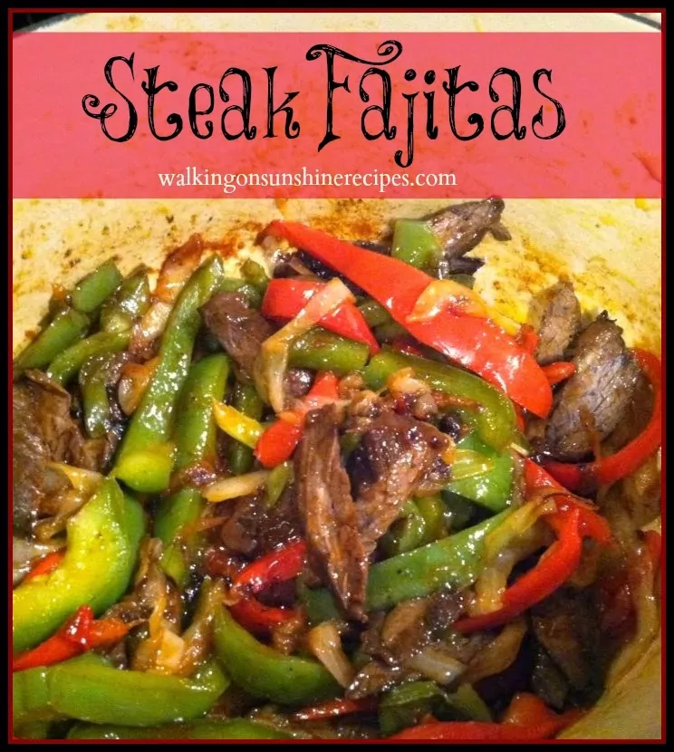 Steak Fajitas with red and green peppers and onions from Walking on Sunshine Recipes. 