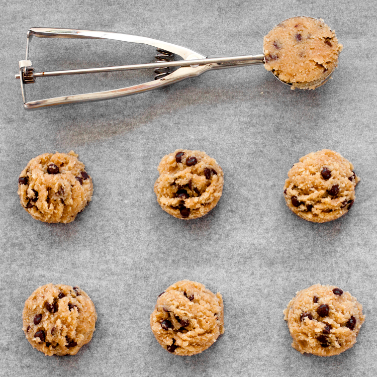 cookie scoop with chocolate chip cookie dough.