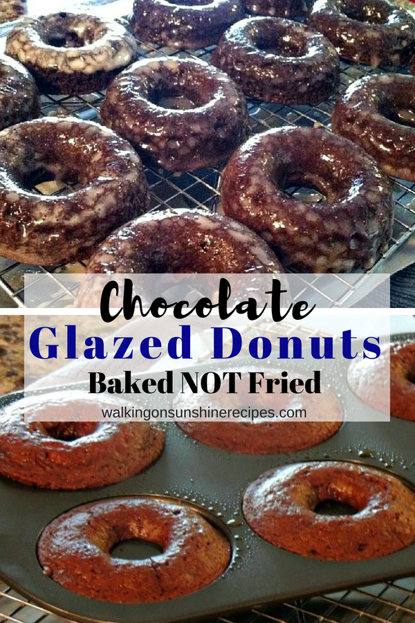 Chocolate Glazed Donuts are baked using a donut pan from Walking on Sunshine Recipes