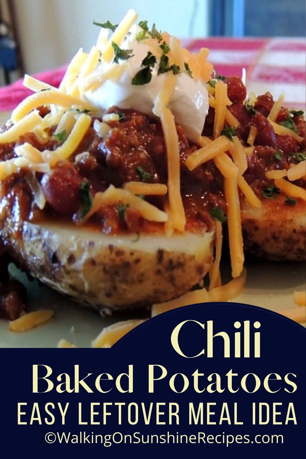 baked potatoes with leftover chili, salsa, cheese and sour cream. 
