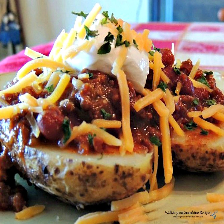 Leftover chili served over baked potatoes. 