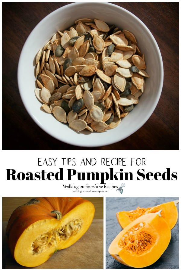 Roasted pumpkin seeds and pumpkins cut open. 