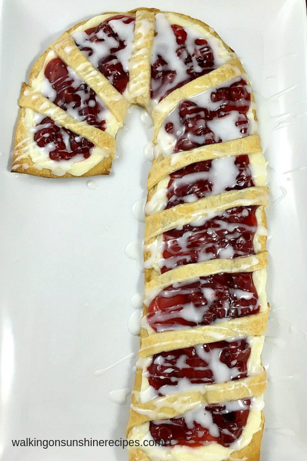 Candy Cane Cream Cheese Danish from Walking on Sunshine Recipes Candy Cane Cream Cheese Danish on white tray.