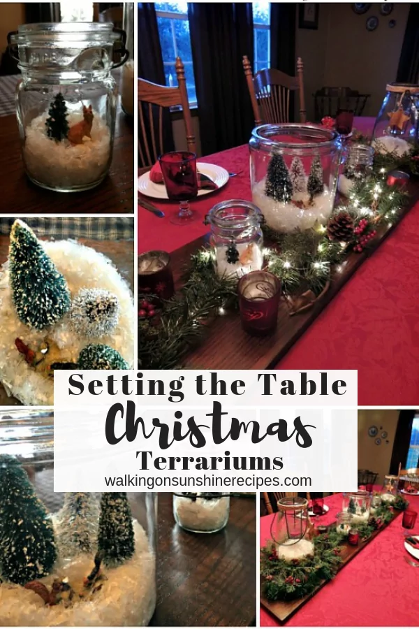 How to set the table using Christmas Terrariums filled with trees, snow and twinkle lights as the centerpiece.