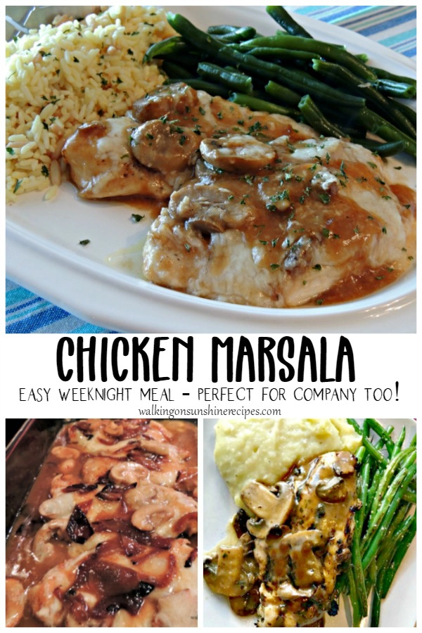 Chicken Marsala made with mushrooms, onions. Served with rice and green beans. 