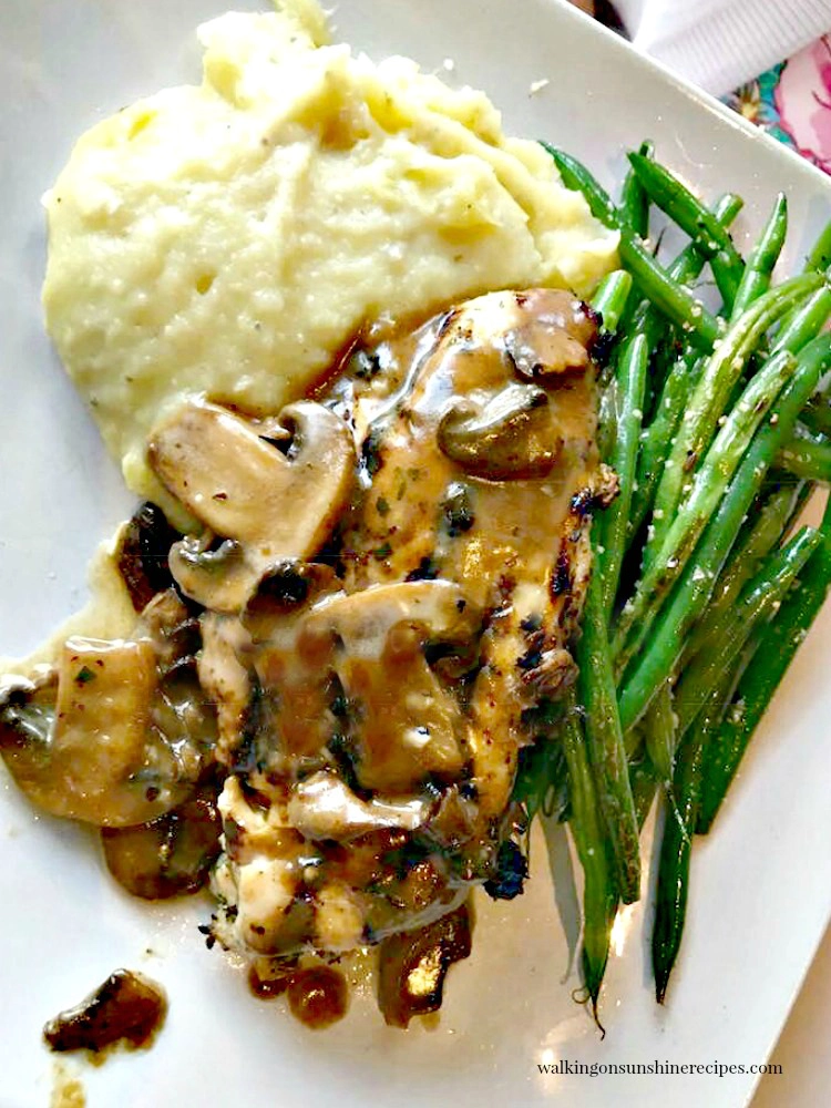 Chicken Marsala served with mashed potatoes and green beans. 