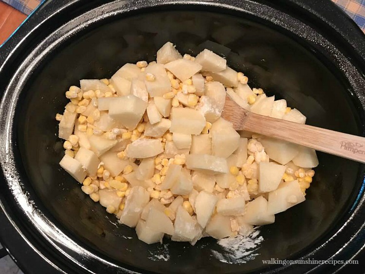 Toss the potatoes and corn with flour for potato and corn chowder