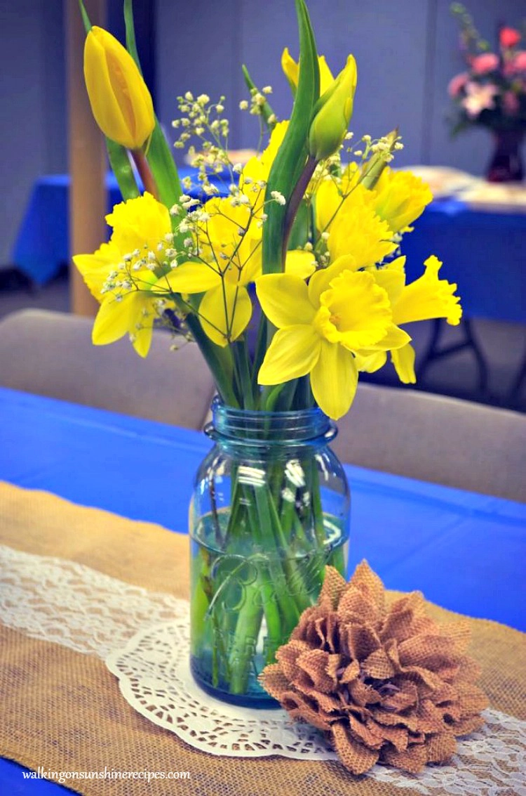 Yellow Daffodils and Tulips in Antique Mason Jar on Burlap Runner for Bridal Shower